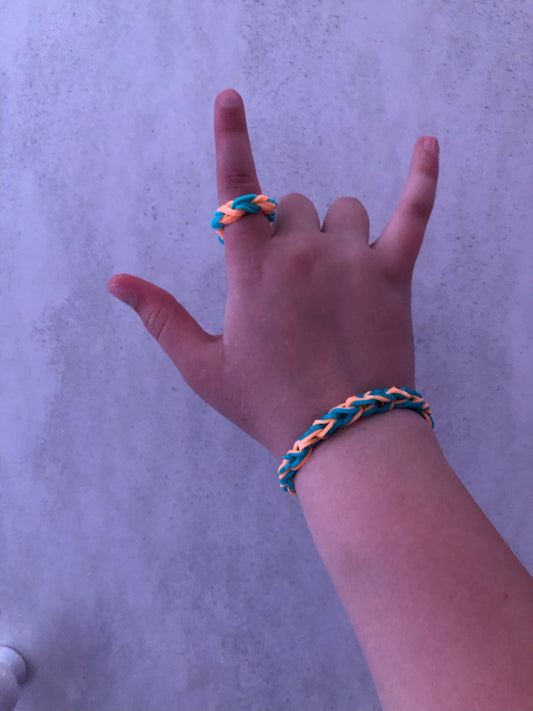 Blue and orange loom band bracelet and ring